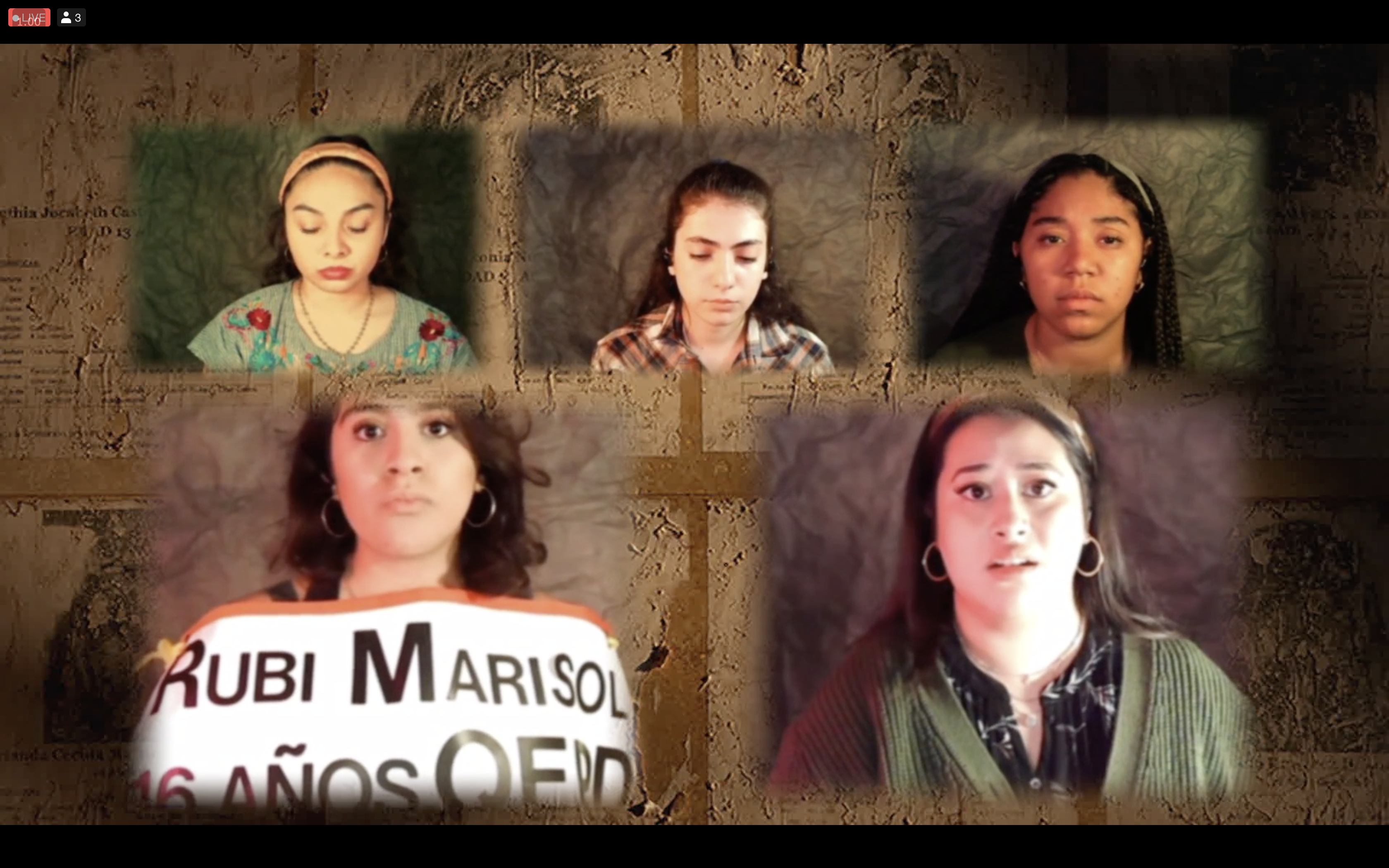 five actresses performing remotely on a screen