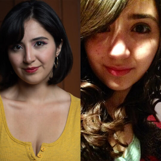photo of a woman with short, dark brown hair and a yellow blouse on, next to a photo of herself as a child with long, curly brown hair