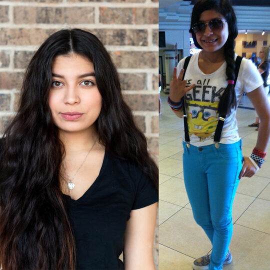 photo of a woman with wavy dark brown hair and a black v-neck on next to a photo of herself as a child in bright blue pants, suspenders and sunglasses