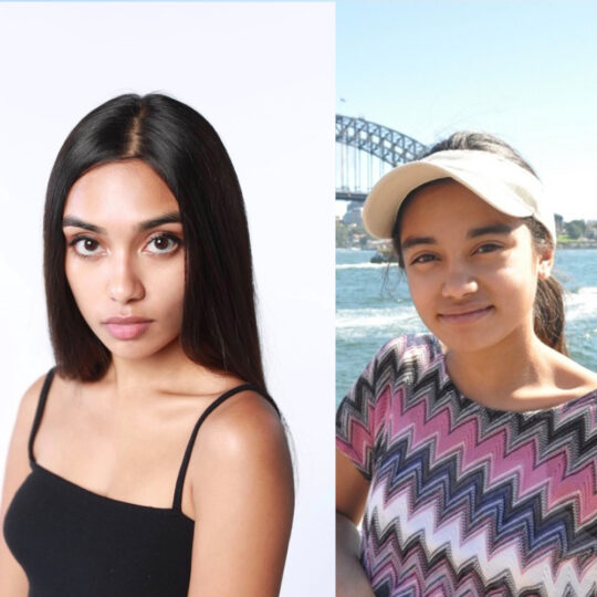 photo of woman with strait black hair in a black tank top next to a photo of herself as a child with a white visor and a pink and gray chevron shirt on