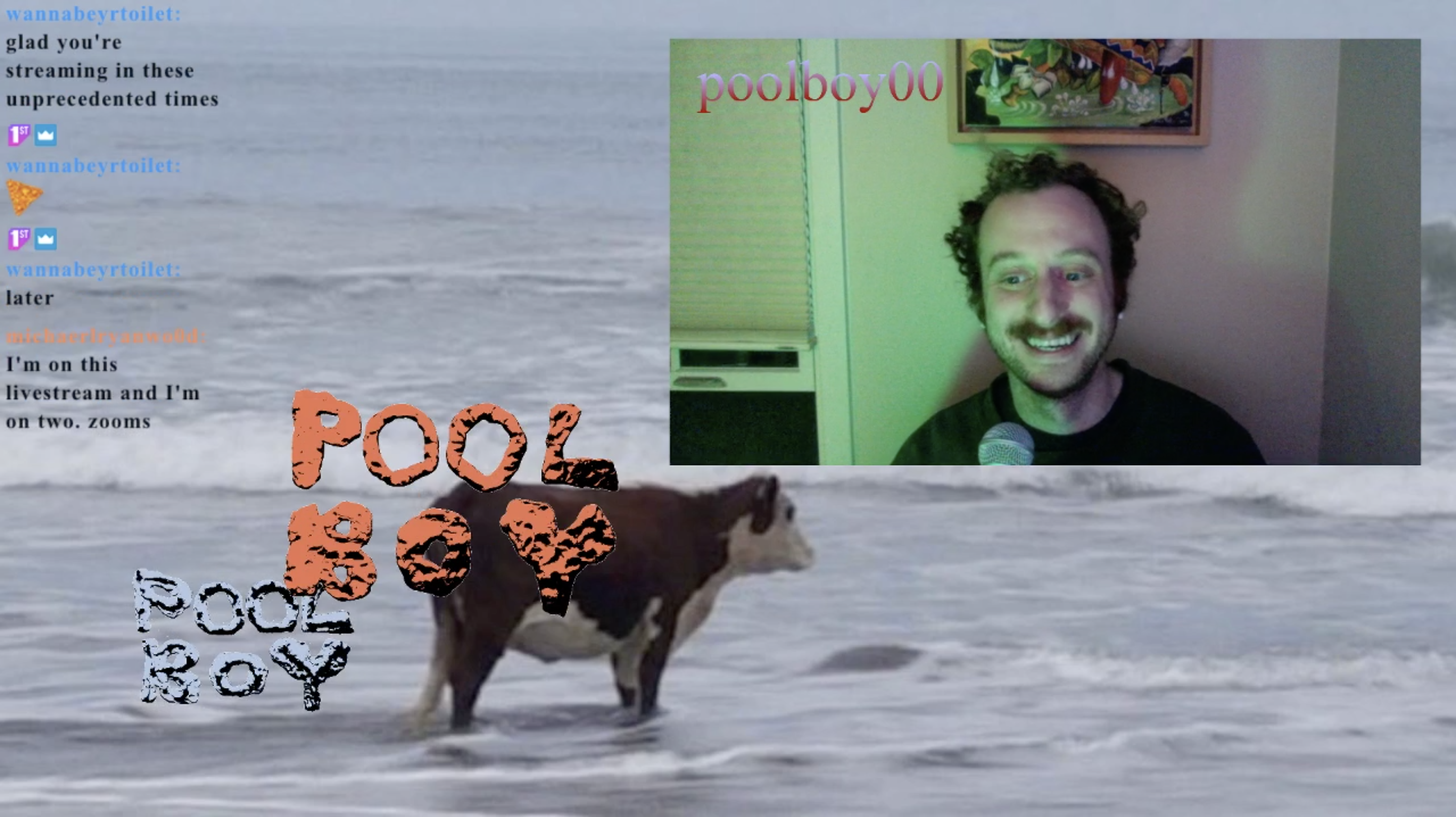 man with curly hair and a mustache smiling in his video window with an image of a cow and the ocean behind him and chat responses in the corner