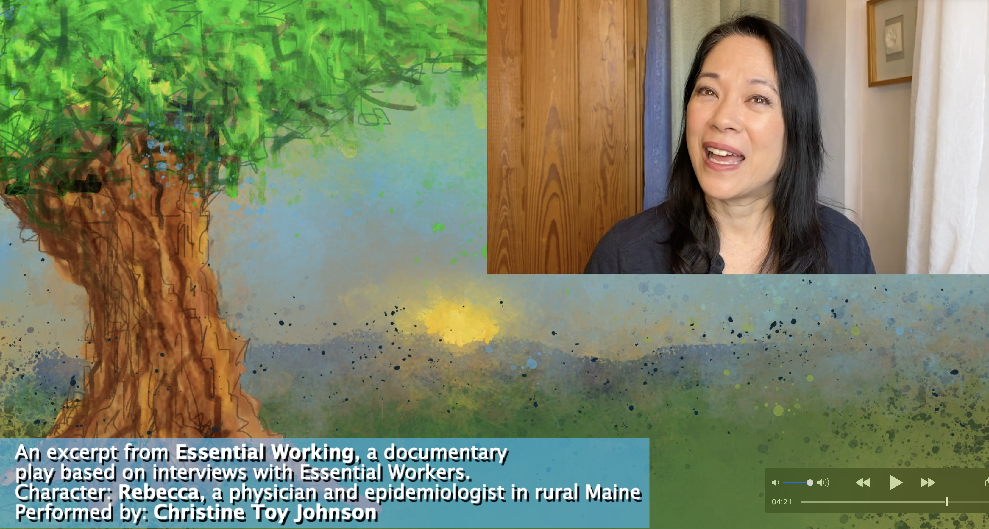 an actress with long black hair performs from her home, layered on top of an artistic background of a tree