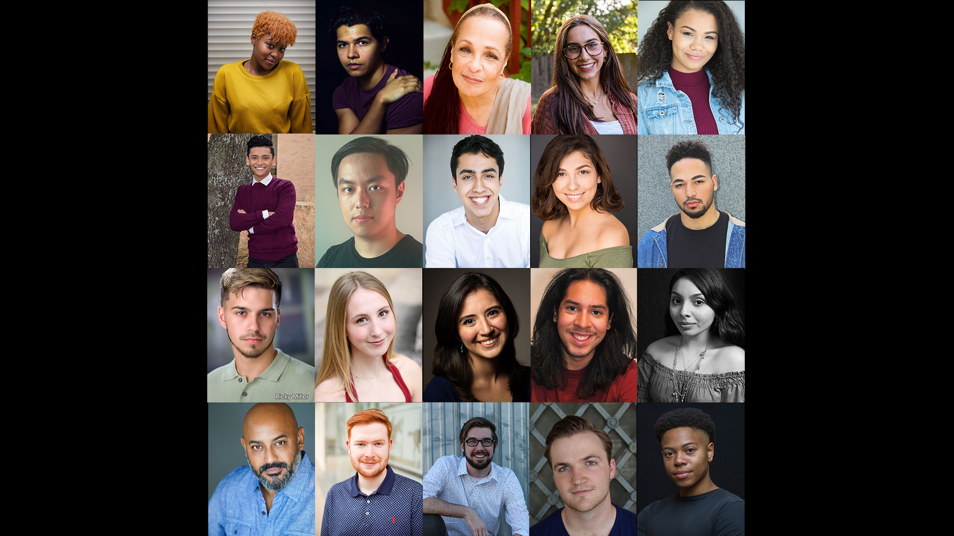 twenty headshots for actors, lined up five across and four down