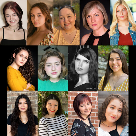 13 actor headshots, organized with five headshots in the top row and four in the middle and bottom rows