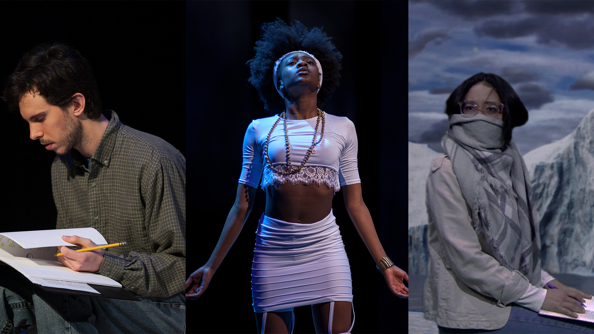 three photos, one of a man looking at a script, the other of a woman in white looking up and the last of a woman in a grey scarf and jacket