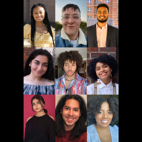 nine actor headshots, organized with three down and three across