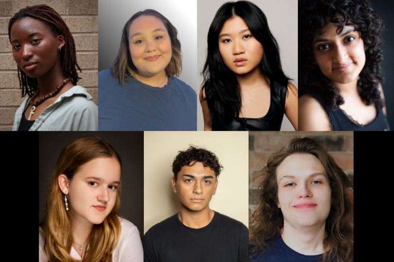Two horizontal rows of the cast of Choreomaniac 1518. 1st row, from left to right: Eian Johnson, Angela Mata, Mia Hsiung Nguyen and Carlise Rosa. 2nd row, left to right: Emma Dodds, Adam Flores Jr. and Joe Adkins.