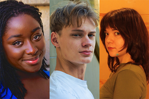 Three headshots for the actors performing in PRETEND IT'S PRETEND. From left to right, Shalom Onuorah, Oliver Aaro and Penny Lou Zimmerman.