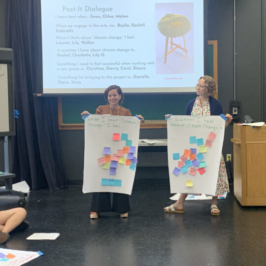 Lara Dossett and Katie Dawson hold up large papers with colorful post-it notes on them during a session with K-12 educators