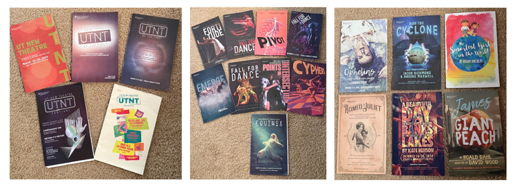 Photos of the Gentry's collection of programs for various UT performances 