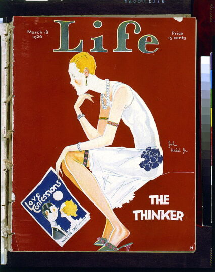 Life magazine cover from 1920 showing a feminine figure in a dress in profile thinking deeply