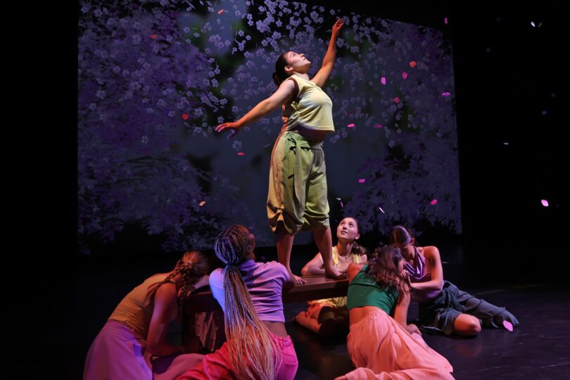 A dancer stands on a bench and reaches upward, with six dancers around her and petals floating in the air