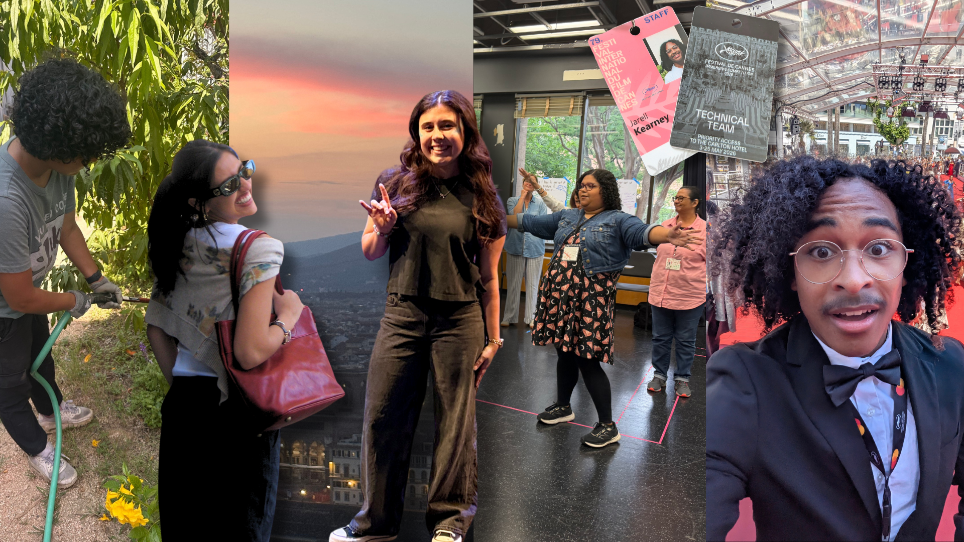 collage of images of students smiling and traveling