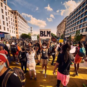 People marching in the street, one black person holding up a sign that says "BLM"