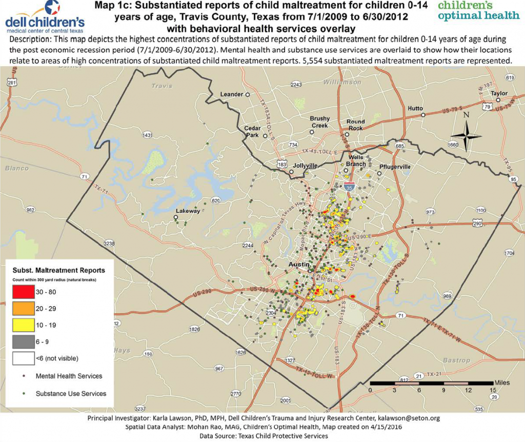 Substantiated reports of child maltreatment for children 0-14 eyers of age, Travis County, Texas from 7/1/2009 to 6/30/2012 with behavioral health services overly.
