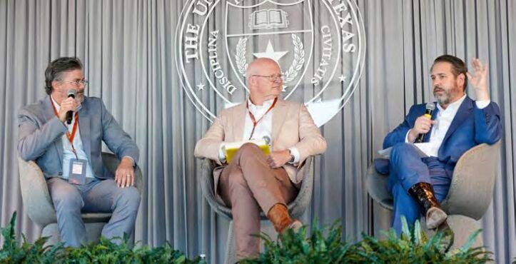 Dean Cole shares insights on medical humanities on a panel with UT Provost Will Inboden (middle) and UT President Jim Davis (right)