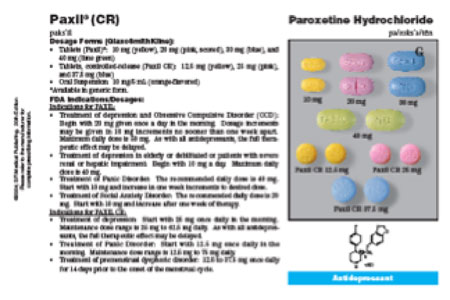 Drug card image for Paxil (CR) with dosage information, chemical structure, and photos of yellow, pink, blue, and green pills (details are in text that is too small to read).