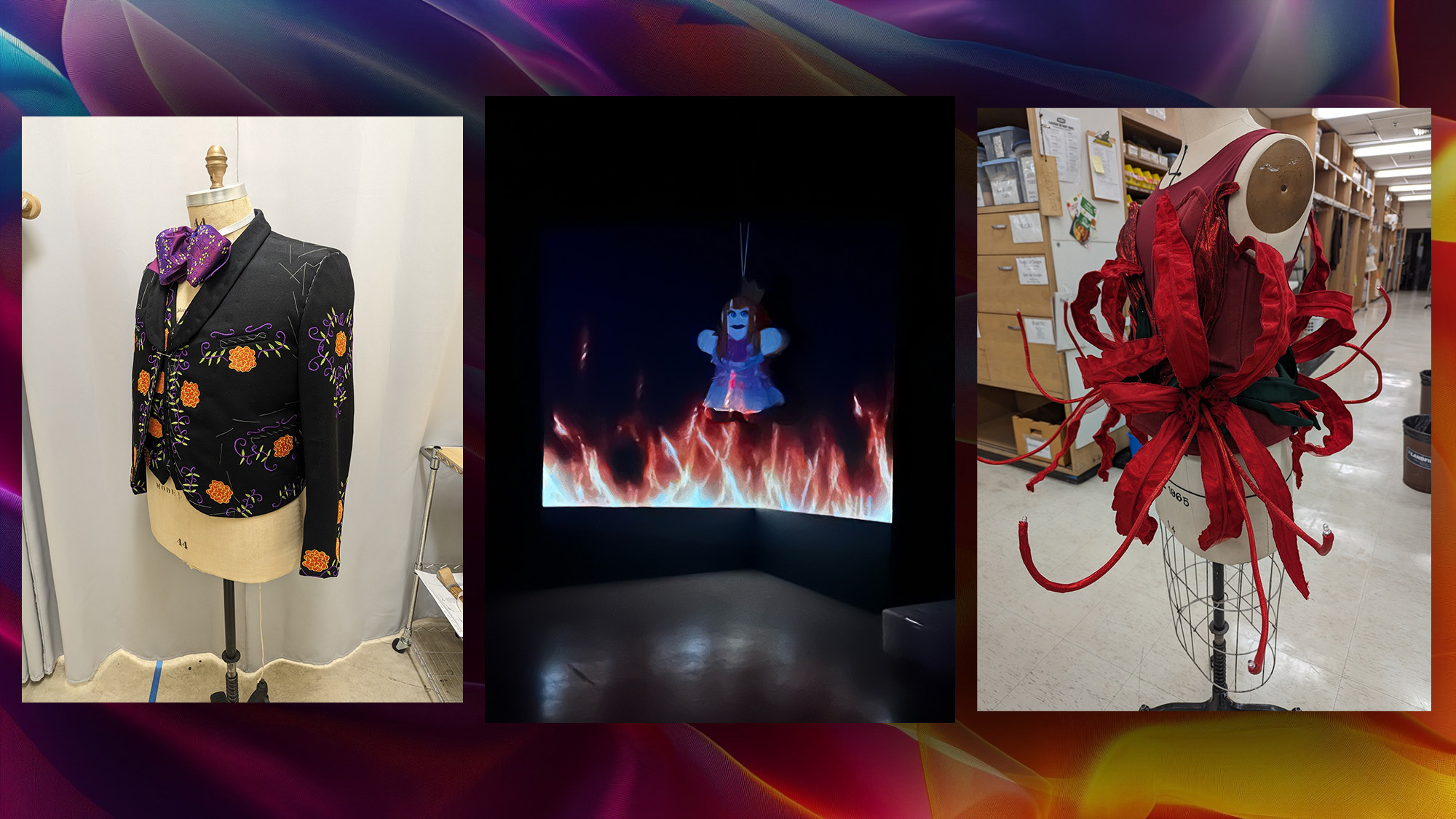 A multicolored field with three photos on it. The first image is of a Traje de Charro the traditional garment of a mariachi musician. The suit is black and embroidered with orange flowers and green leaves. The second image is of a small animated character levitating over flames. The third image is of a garment made of giant red spider lilies it is on a dress form and the flowers seem to bloom out of the bodice. 