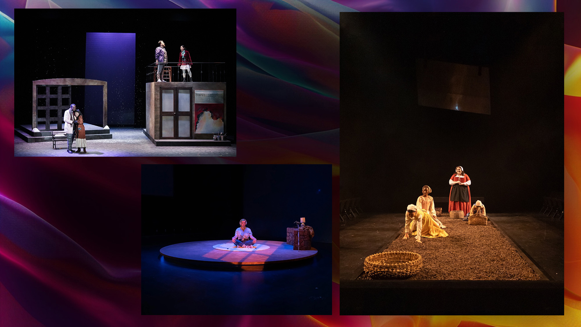 A multicolored field with three theatrical images in it. The first image is of a set made of large cubes and a square lattice doorway. it is an opera and four people in contemporary clothes stand on top of the cube or in front of the lattice. the second image is of a person kneeling on a round platform. The room is lit with dark blue but a single orange window-shaped shadow lays across the person.  The third image is of three people in medeval clothing standing in a field of mulch on stage.