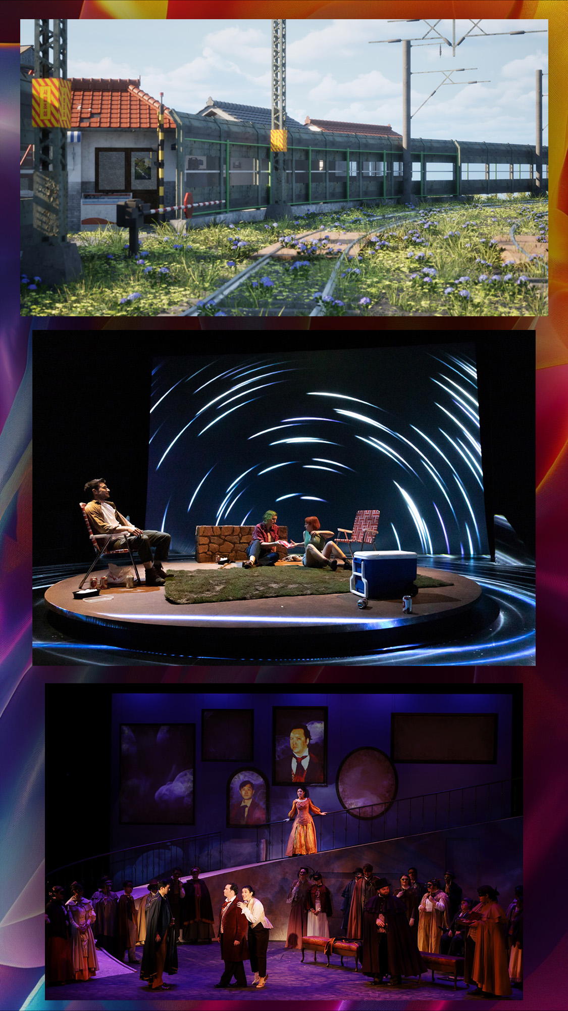 A colorful field with three images in it. The first image is of a 3D rendered environment in Unreal Engine. It is of a Korean train station that has been overgrown with blue flowers. The second image is of a group of people sitting on a circular platform surrounded by a spiral of shooting stars. The last image is of a huge opera set with picture frames making up the back wall. There are people projected nto the frames