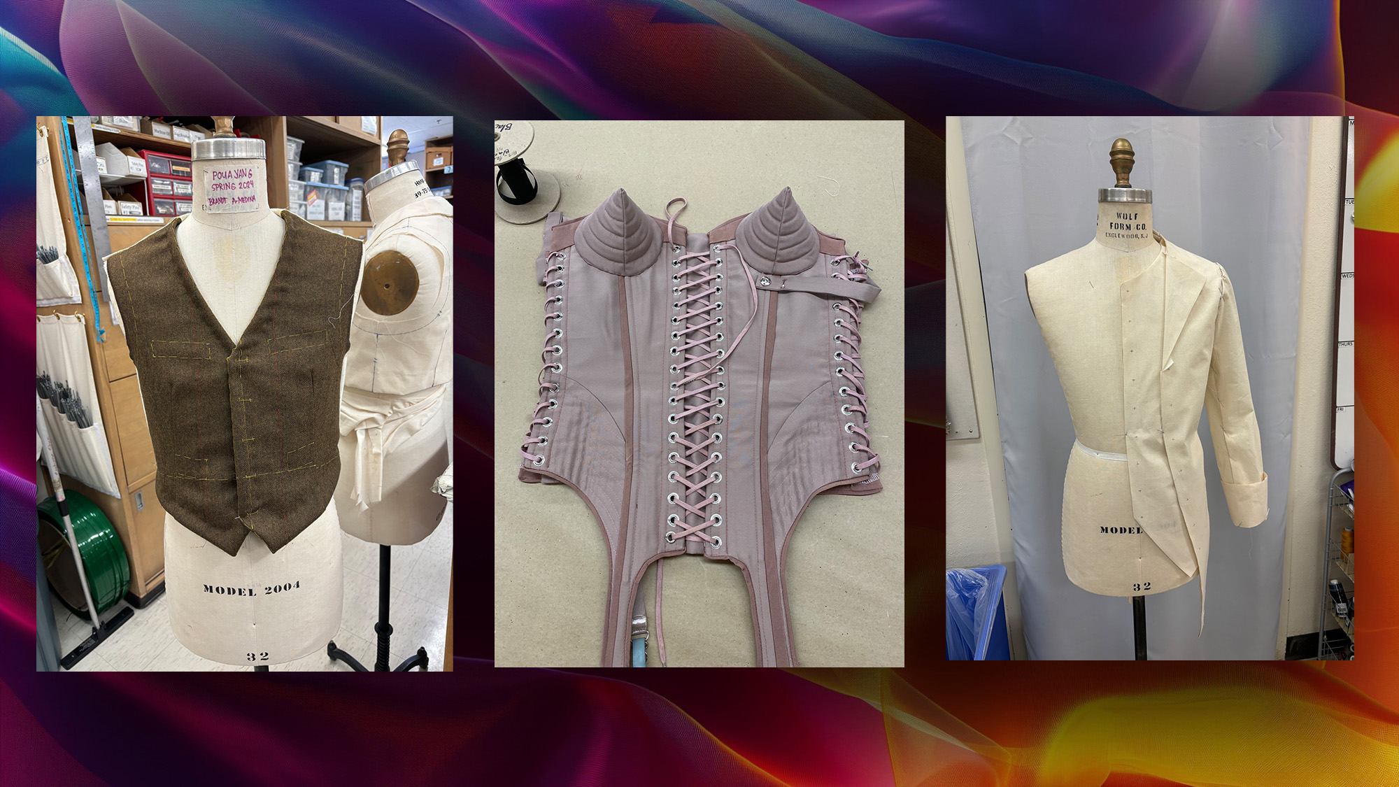 Three images on a multicolored field. The first image is a tailored vest of a dress form. The second image is cone-bra  corset top made out of mauve fabric with ornate lacings down the front and sides. the last image is of a muslin mock up of a suit jacket.