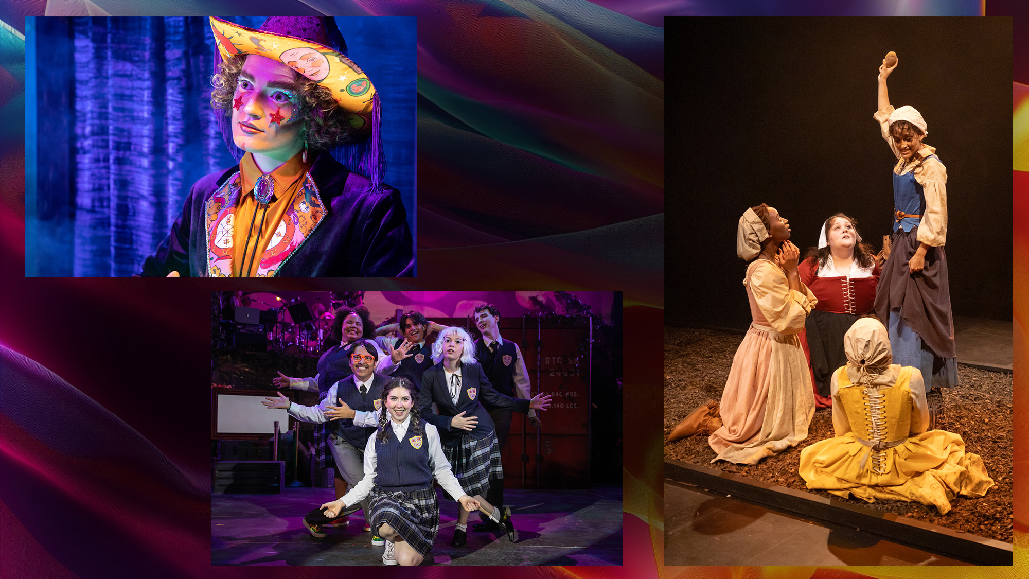 A multicolored field with three shows theatrical show shots. 
The first image is of a actors design to look like and animatronic cowboy with ornate details on their face paint, hat and lapels of their jacket. The second image is of a group of six actors in school uniforms. The last image is of four women in medeval style clothes in rich earth tones and creams.