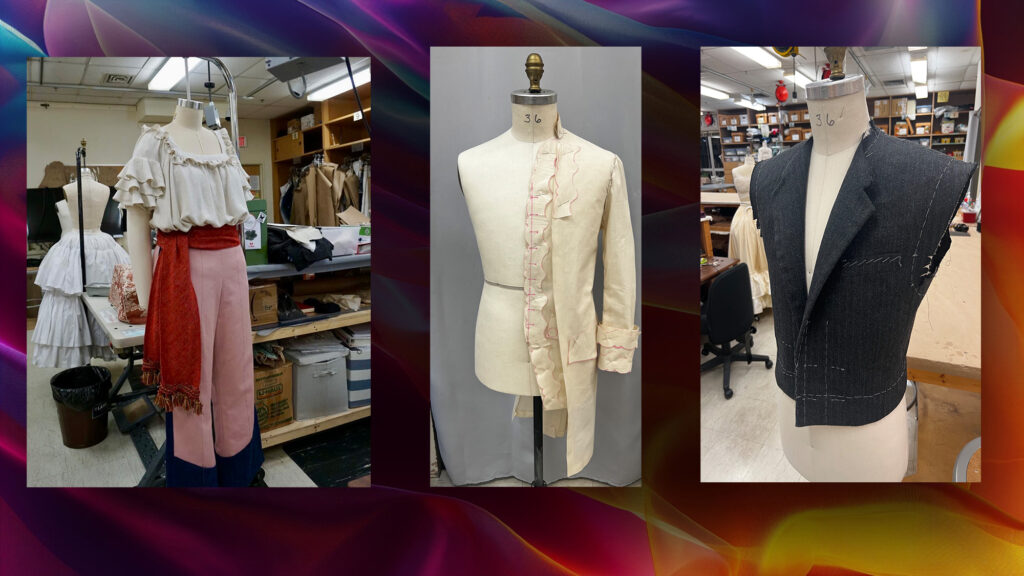 Three photos on a multicolored field. The first image is of a costume on a dress form with pink and blue Californio style pants and a red sash. The blouse of the costume is white a loos with frils. The second iamge is a muslin mock up of a suit jacket on a dress form. The last image is of an in process suit jacket in black fabric on a dress form. 