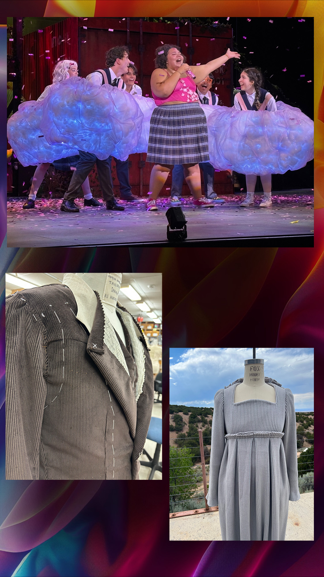 Three photos on a multicolored field. The first image is of a crowd of people in glowing cloud costumes that complete obscure their bodies. The people are backup dancers to a signer. The second image is of a brown suit jacket being assembled on a dress form. The last image is of a beautiful gray dress on a a dress form. 