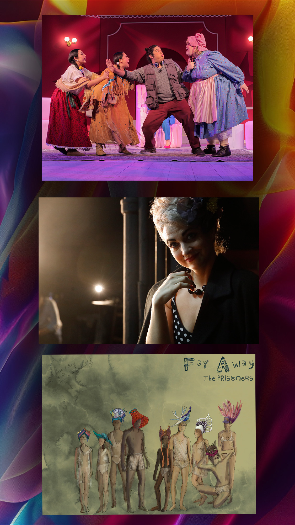 Three photos in a multicolored feild. The first image is of three women accosting a man in a stage play. The three women are dressed as a historical Mexican woman. An indigenous woman and a colonial woman respectively. The man is a stage manger in pants and a vest. THe second image is of a blond woman in a black and white polka dot dress. It is a cinematic still. The last image is a beautiful costume rendering of a group of children in undergarments with ornate and colorful hats. 