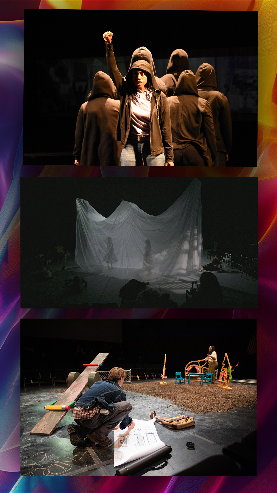 A multicolored field with three theatrical photos in it. The first photo is of a crowd in brown hoodies with nearest figure holding their fist in the air. The second image is of a tunnel of white fabric with two dancers visible through the transparent walls. The last image is of a stage set of a play grownd with a sea-saw and brightly colored animals. 
