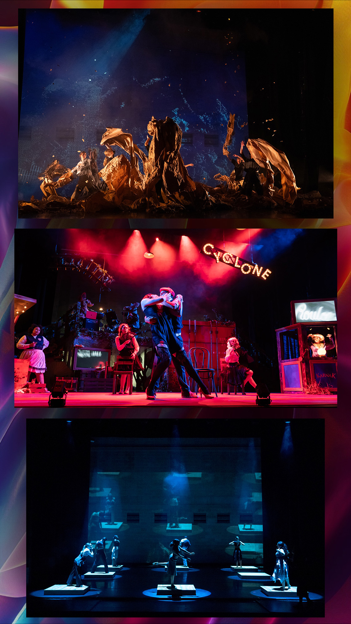 Three images on a multicolored field. The first image is of a dance peace with beautiful amber lighting catching the dancers bodies as they rip apart massive  paper in front of blue projections. The second image is of a musical set with actors lit in strong dynamic and primary red and blue light. The third image is of dancers in isolating blue downlight and live feed of the dancers projected onto the wall behind them. 