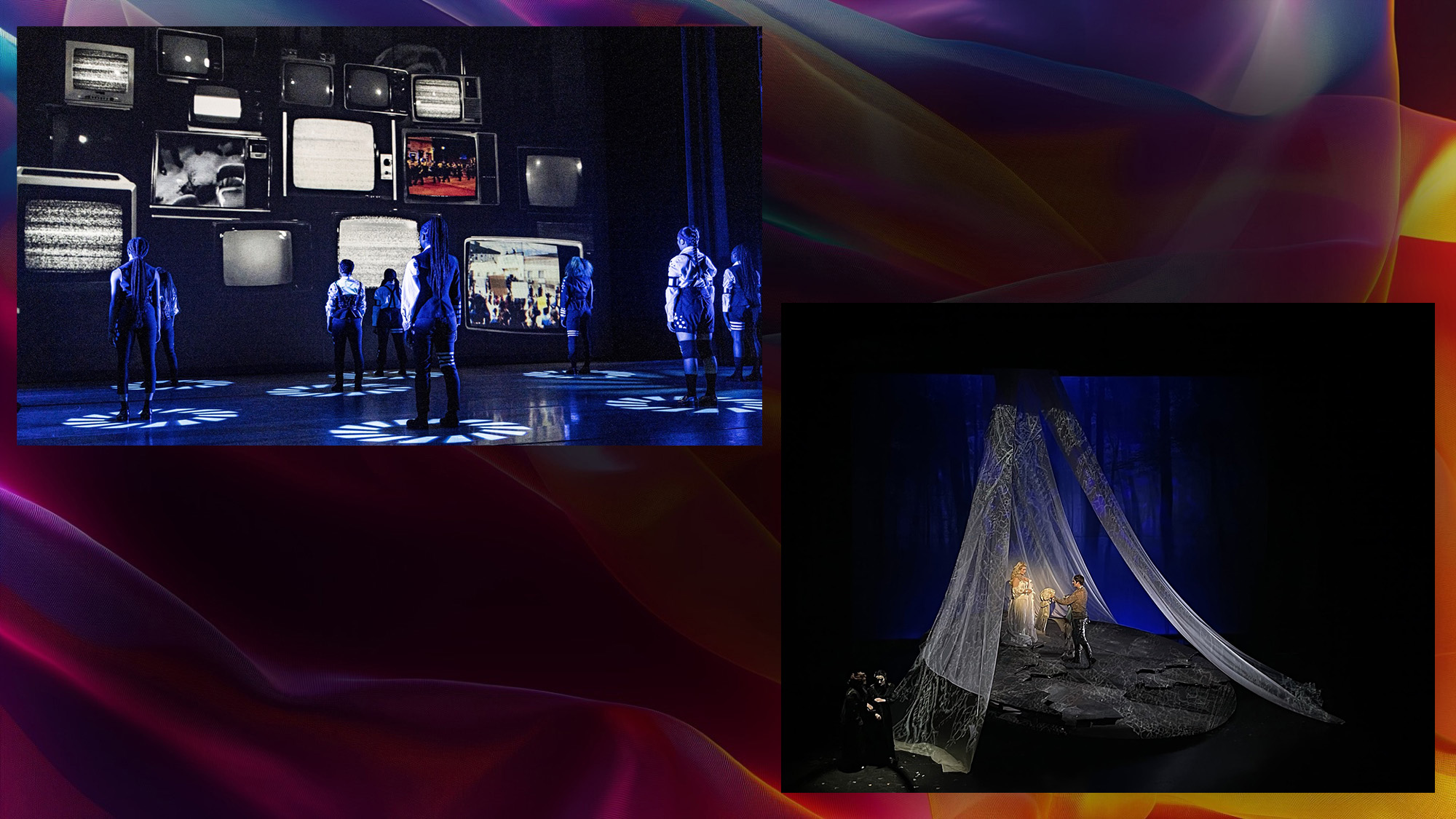 A multicolored field with two images. The first images is a group of dancers with a wall of television screens playing static projected behind them. The second image is of a set made of transparent fabric projected with white patterns. 