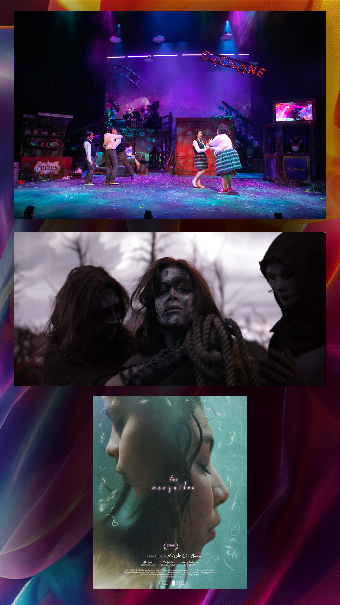 A multicolored field with a three photos. The first image is of a set that appears to be warhorse filled with junk a carnival style sign saying the word "CYCLONE" hangs over the set. The lighting is purple and cyan. 
The second image is a cinematic still of a girl with matted hair in post apocalyptic makeup. The final image is a film poster with two girls in profile and a deep cyan background. 