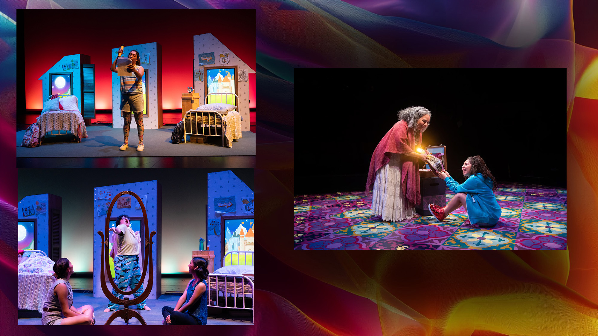A multicolored field with three images. 
The first two images are of the same set. It is the shape of a house that a child might draw that has been split into three modular peices. The first of the two is of a girl in front of the that is lit with fun cyan and red light. 
The second image the frame of a mirror stands at center as a child wearing a cape pretends to look at their own reflection as a superhero.
The last image is of an old woman and a little girl on a set that is very simple expect for the most extraordinary floor. The floor is patterned like Talavera tiles in purples, magentas, yellows, cyans and whites. It seems luminous and glows in the light.