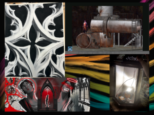 A compilation of 4 images displaying Alik's design, painting, illustration, and practical work