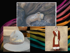 A compilation of there images displaying Allison's design, millinery and painting work