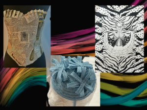A compilation of three photos displaying Ava's Millinery, illustration, and design work