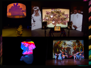 A compilation of four photos of Desne's work