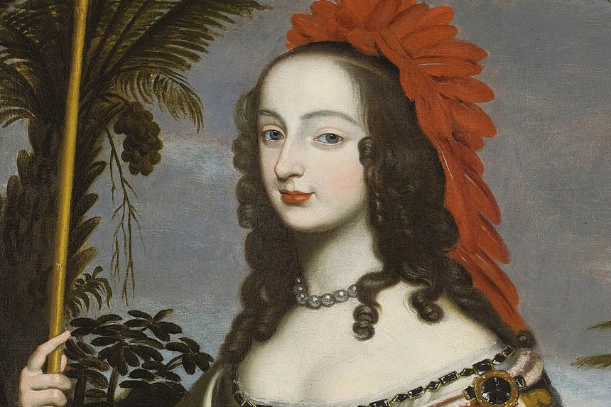 Detail of painting showing female figure adorned in extravagant dress and head piece holding a staff