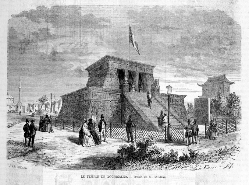 historic etching of Le Temple de Xochicalco surrounded by figures