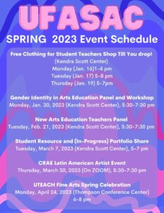 Poster with dates for UFASAC spring 2023 events