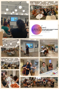 A collage of photos from the UTFA Kick Off event on September 12, 2024. Includes photos of students checking in, viewing the presentation by Dr. Laurie Scott and a welcome slide of the event. 