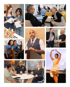 Collage of photos of attendees of the Future of Fine Arts Education Forum speaking to each other and guest speaker Micheal Bobbit giving keynote. Youth performers with violins and dancer.