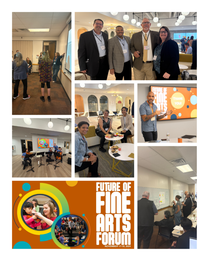 Collage of photos of attendees of the Future of Fine Arts Education Forum. Attendees at breakout sessions, listening to youth performance, forum logo.