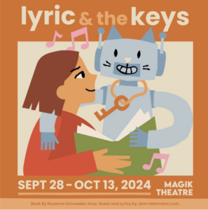 Lyric & Key Flyer, with Child and grey cat reading a book. 