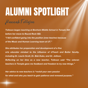 Alumni Spotlight graphic featuring Hannah Tolleson with brief highlights of her teaching career.
