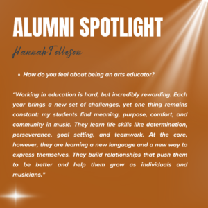 Alumni Spotlight graphic featuring Hannah Tolleson with brief highlights of her teaching career.