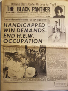 A picture of the front page of a 1977 edition of the newspaper The Black Panther with text reading "Handicapped Win Demands End H.E.W. Occupation"