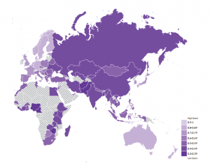 A selection from the World Justice Project's 2014 Rule of Law Index.  Countries in lighter shades of purple received better rule of law scores than those in darker shades.